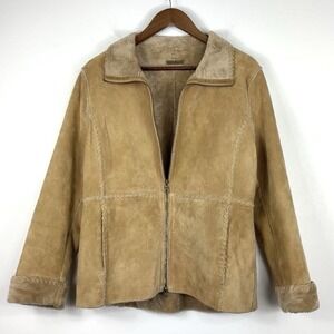 Vintage 90s GUESS‎ Jacket Women Medium Tan Leather Stitching Shearling Fur Trim